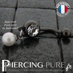 Piercing Nombril Blackline et perle Cristal Gris tourterelle irisé pendante