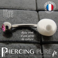 Piercing Nombril Perle de culture blanche et Titane - cristal rose