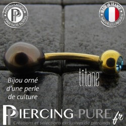 Piercing Nombril Titane doré Perle de culture noire Cristal bleu