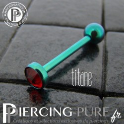 Piercing Langue Titane Vert Cristal rouge 5mm