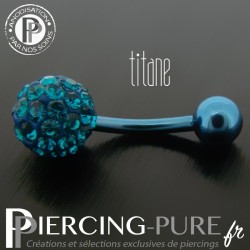 Piercing Nombril Titane bleu et boule de Cristaux turquoises
