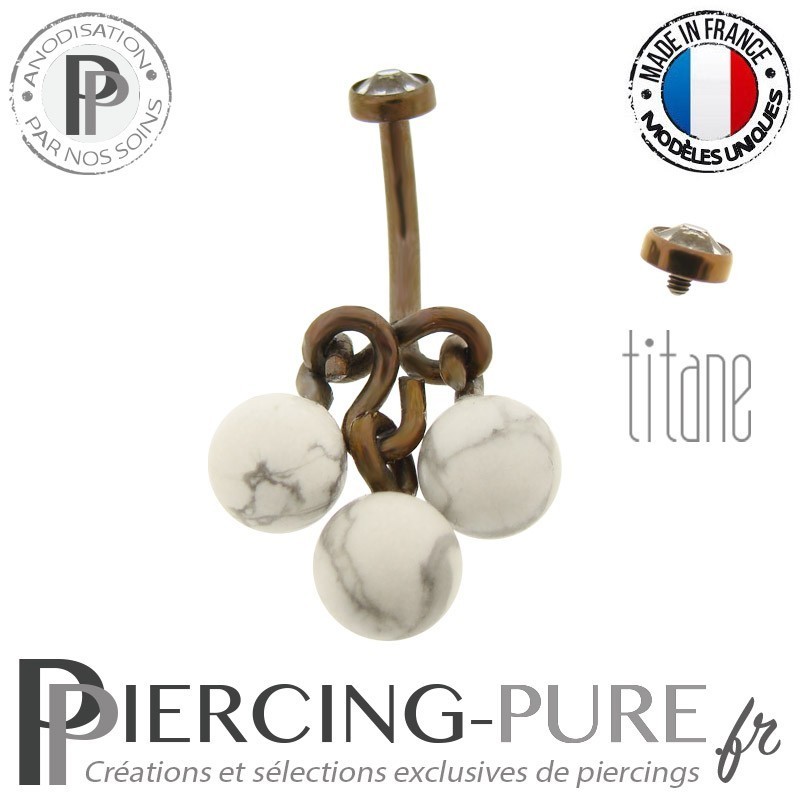 Piercing Nombril Titane interne Dark Bronze 3 bille Howlite
