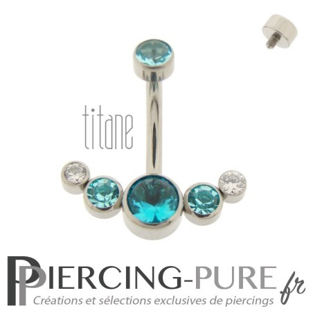 Piercing nombril Titane avec 6 cristaux ronds bleus et blancs