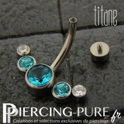 Piercing nombril Titane avec 6 cristaux ronds bleus et blancs