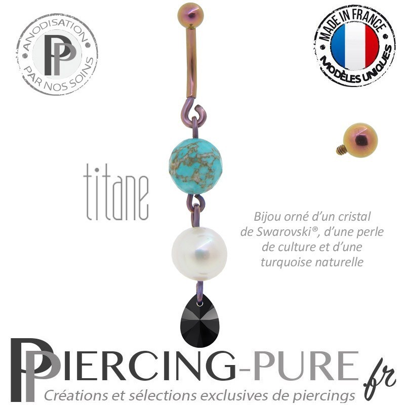 Piercing Titane interne Perle de culture, turquoise et goutte jet